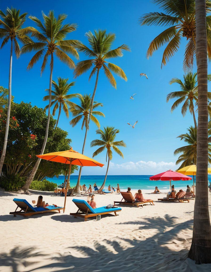 A vibrant beach scene showcasing a diverse group of people in stylish swimwear, playing beach volleyball and relaxing under colorful umbrellas. The background features a luxurious resort with palm trees and clear blue skies, while surfboards lean against the sand. Add playful elements like beach balls and seagulls flying above. bright colors. tropical theme. 3D.